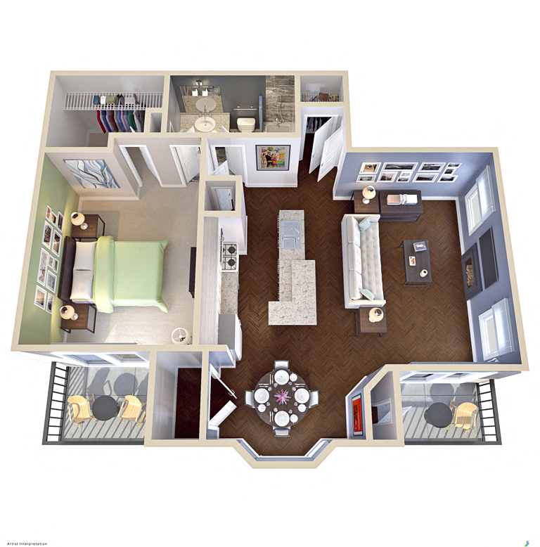 Floor plan for 1 bed, 1 bath, 748 sqft